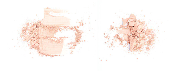 Broken ground  beige face powder isolated on white background, top view