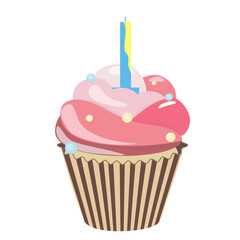 Birthday cupcake with candle. Realistic cupcake. Sweet creamy desserts muffins with frosting flavors decoration, delicious confectionery and baking.