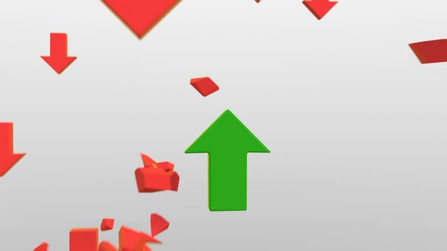 Green arrow goes up against downward trend. 3D render seamless loop animation