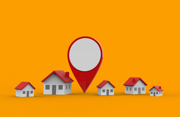 Location icon and house isolated on orange background. 3D Illustration.