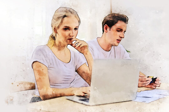Happy couple lover talking and waving hand in a video conference on line with a laptop for contact friendship at home on watercolor illustration painting background.
