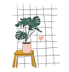 philodendron vector illustration. hand drawn sketch of house potted plant.	