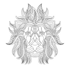 Lion head coloring book illustration. Antistress coloring for adults. black and white lines. Print for t-shirts and coloring books.