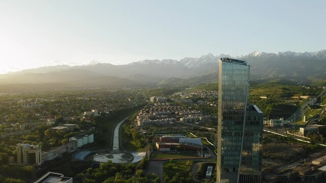 Aerial view of Esentai Tower Business Centre at sunrise. Almaty, Kazakhstan.