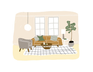 interior design vector illustration. living room hand drawn furniture.	