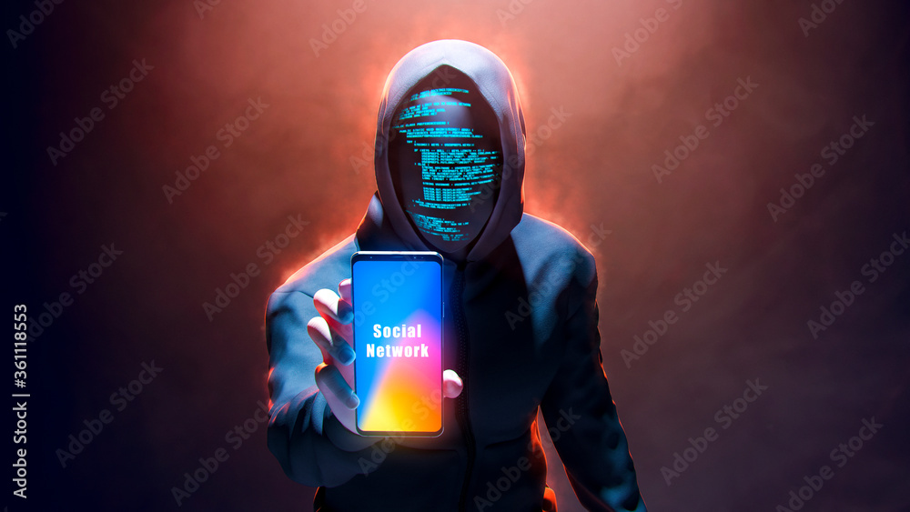 Wall mural masked man with algorithm glowing on a mask screen holding a smartphone on social network - concept 