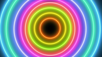 Multicolored luminous neon circles on a black background..