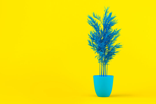 Layout of blue tinted palm tree in blue pot on yellow background. Creative background with palm tree. Home plant, indoor flower. Tropical plant. 3d illustration. Decorative palm tree pattern