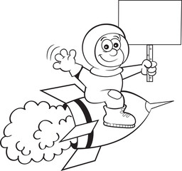 Black and white illustration of a boy in a space suit riding a space ship while holding a sign.