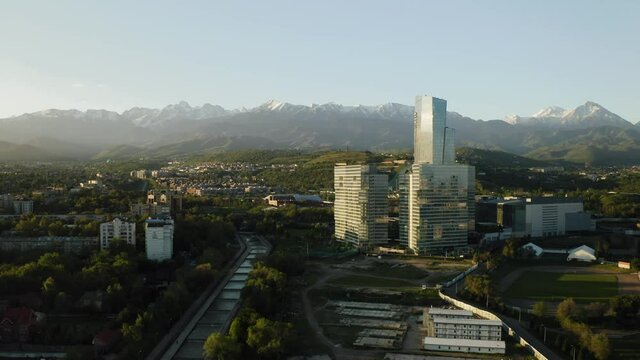 Aerial view of Esentai Tower Business Centre at sunrise. Almaty, Kazakhstan.