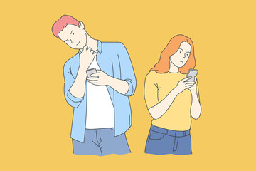 The pensive couple uses a smartphone. Hand drawn style vector design illustrations.