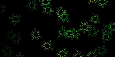 Dark green, yellow vector background with covid-19 symbols.