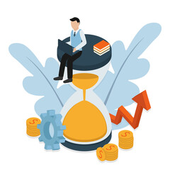 Business concept. Businessman. Finance, time runs out on an hourglass, analytical analytical information about the company. Flat isometric character.