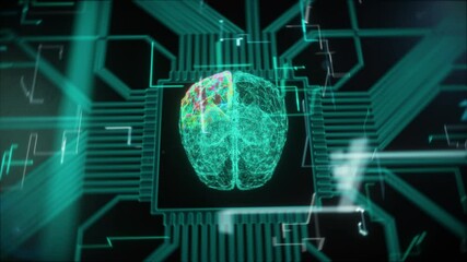 3D Render Animation of Human Brain Appearing on Electronic CG Circuit Board. Digital Brain Video Illustration Showing Neuronal Activity with Flying Lines. Artificial Intelligence (AI). Scientific - Powered by Adobe