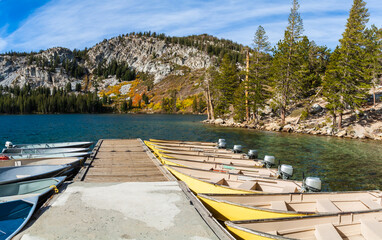 Small  Fishing Boats on Lake George With Mammoth Crest in the Distance, Mammoth Lakes, California, USA