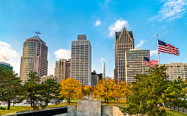 Fototapeta na wymiar Downtown Detroit skyline from Hart Plaza - Michigan, United States