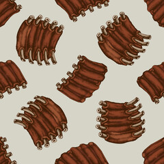Seamless pattern with hand drawn colored Pork ribs