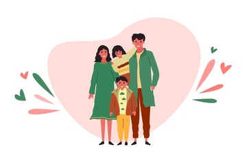 Obraz na płótnie Canvas Happy family smiling together. Mom, dad, and child standing. Group of people. Vector illustration.