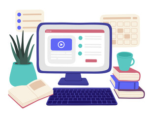 Online courses and tutorial videos for education, workspace at home or outdoor. Vector illustration, flat style.