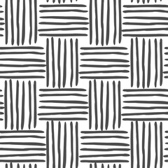 Vector seamless black and white geometric pattern of hand-drawn horizontal and vertical stripes, lines. Interweaving fibers. For decor, textile, fabric, carpet, wallpaper, ceramic tiles, wrapping.
