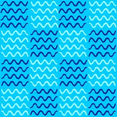 Vector seamless geometric pattern of hand-drawn waves on a blue background. For decor, textile, fabric, carpet, wallpaper, ceramic tiles, wrapping.