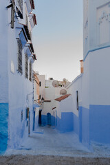 Fototapeta premium Street with stairs in Medina of Chefchaouen, Morocco. Chefchaouen or Chaouen is known that the houses in this old town are painted in the striking, variously blue hued 