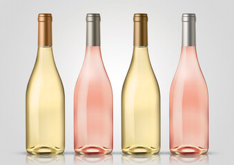 Bottle of white and rose wine with white background. Mock up for labels.