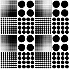 Vector seamless geometric pattern of hand-drawn black circles of different sizes on a white background. For decor, textile, fabric, carpet, wallpaper, ceramic tiles, wrapping.