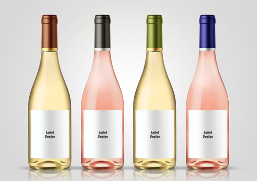 Bottle of white and rose wine with white background. Mock up for labels.