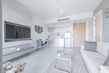 Modern living room and kitchen in small apartment 