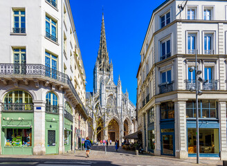 Cozy street with Church of Saint-Maclou in Rouen, Normandy, France. Architecture and landmarks of...