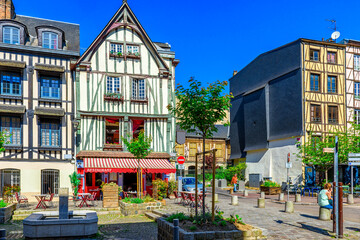 Street with timber framing houses in Rouen, Normandy, France. Architecture and landmarks of Rouen. Cozy cityscape of Rouen