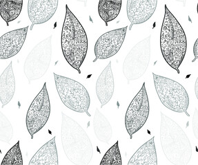 Doodle textured leaves seamless pattern.