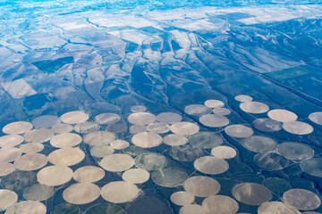 Aerial view of crop circles and crop squares from Idaho near the snake river. Circle shaped fields and square shaped fields