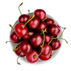 Cherries. Cherry in a bowl isolated on white Background. Top view