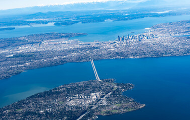 Aerial view of the Mercer Island, Homer Hadley Memorial Bridge and Lacey Murrow bridge Seattle USA