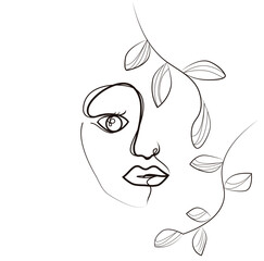 Face drawing line vector. Minimal beautiful woman with leaves illustration.