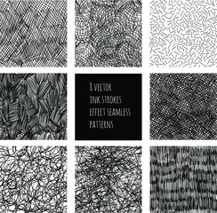 Vector set of inky hand drawn seamless patterns, textures.