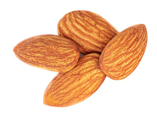 Almonds isolated. Raw Almond nuts on white background. Top view. Flat lay