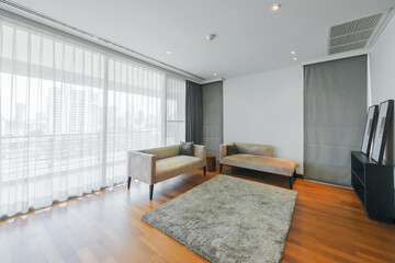 Modern living room and kitchen in small apartment 