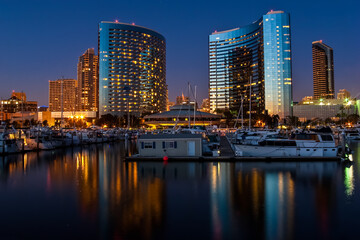Fototapeta na wymiar Sunset on Pleasure Boats Moored in Embarcadero Marina,San Diego,California,USA