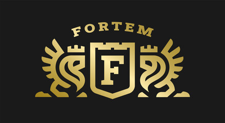 Heraldic Coats Of Arms, two lion and a shield. Vector illustration.