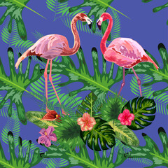 Trendy seamless pattern pink flamingo birds couple. Bright camelia flowers. Tropical monstera green leaves.