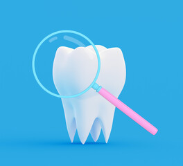 Tooth under a magnifying glass. Research and diagnosis of teeth diseases concept. 3d illustration