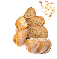 Top view of sliced wholegrain bread  isolated on white background. Bread slices and crumbs viewed from above. .