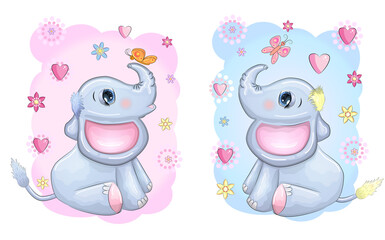 Cute cartoon elephant with beautiful eyes with a butterfly surrounded by flowers, children's illustration
