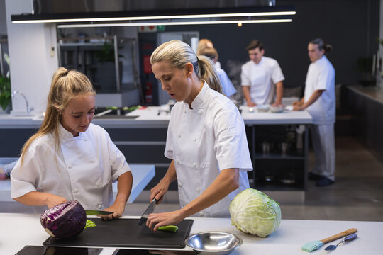 Senior and young female chefs working at restaurant kitchen