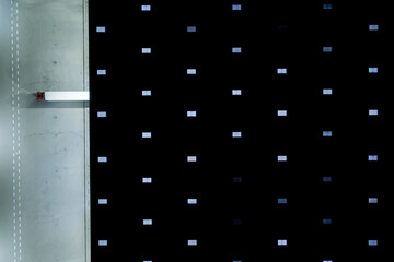 Night Aerial drone view on distribution center. Logistic and transport concept