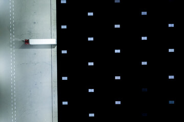 Night Aerial drone view on distribution center. Logistic and transport concept