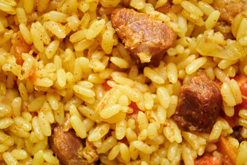 Macro photo of pilaf, golden rice, asian food. Macro photo of pilaf, golden rice, asian food.
